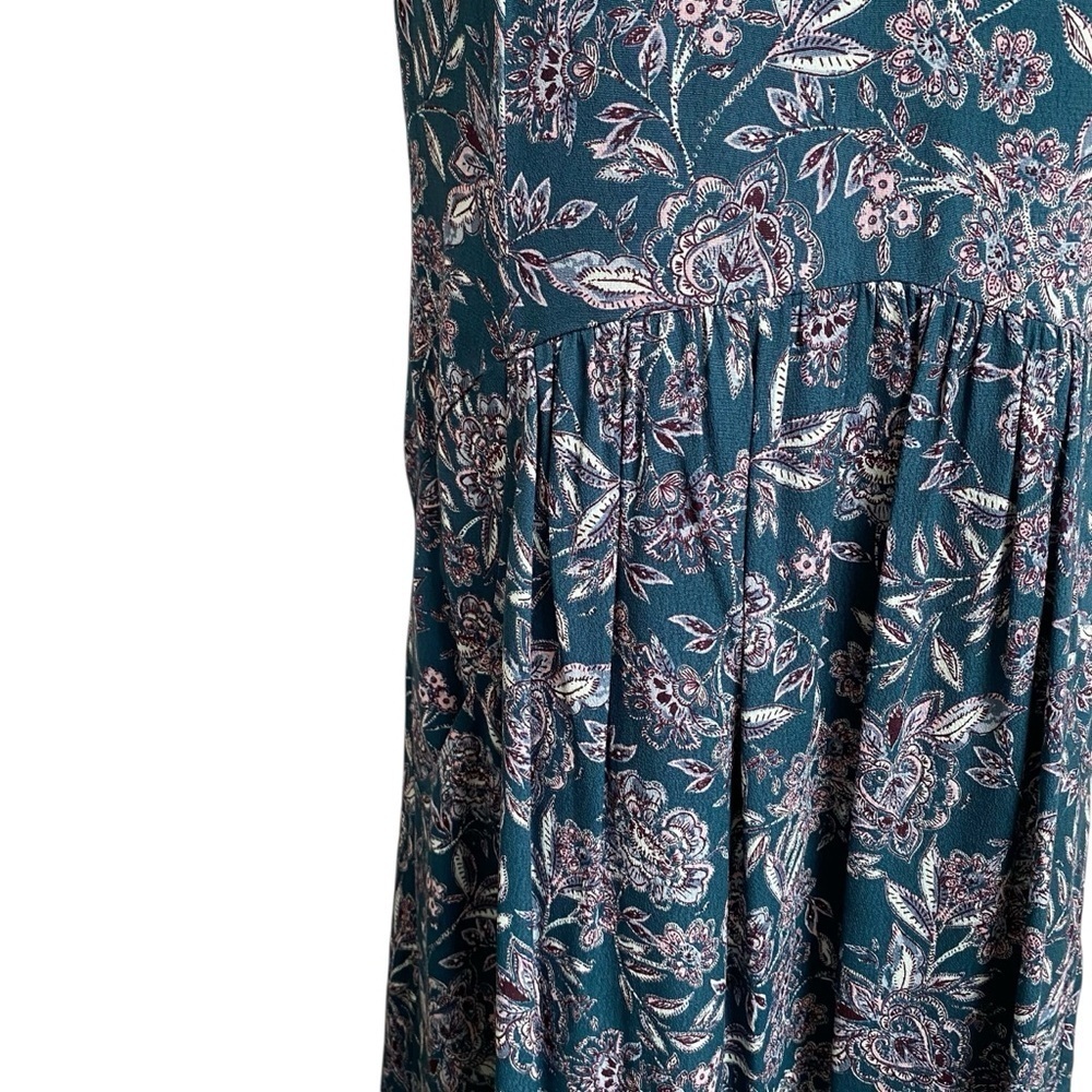 Garnet Hill Teal Floral Dress XS 0 V Neck Pleated Pockets Lined Viscose - Picture 13 of 15